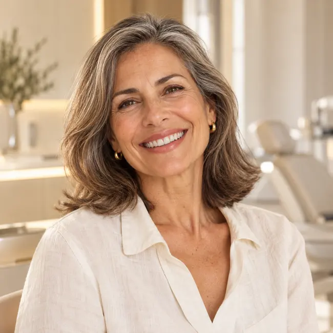 Retrato ilustrativo de uma mulher madura com um sorriso natural e confiante