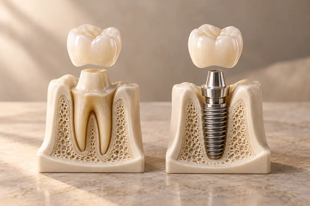 Modelos ilustrativos de uma coroa sobre dente natural e de uma coroa sobre implante